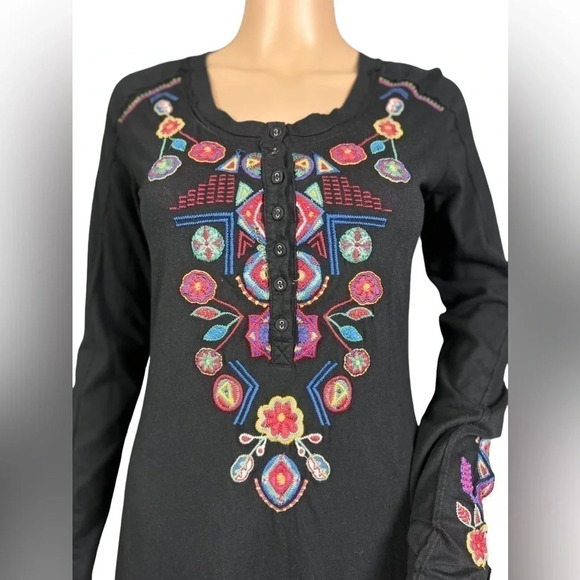 JOHNNY WAS COTTON BLACK FLORAL EMBROIDERED LONG SLEEVE DRESS SIZE XS - Picture 2 of 8